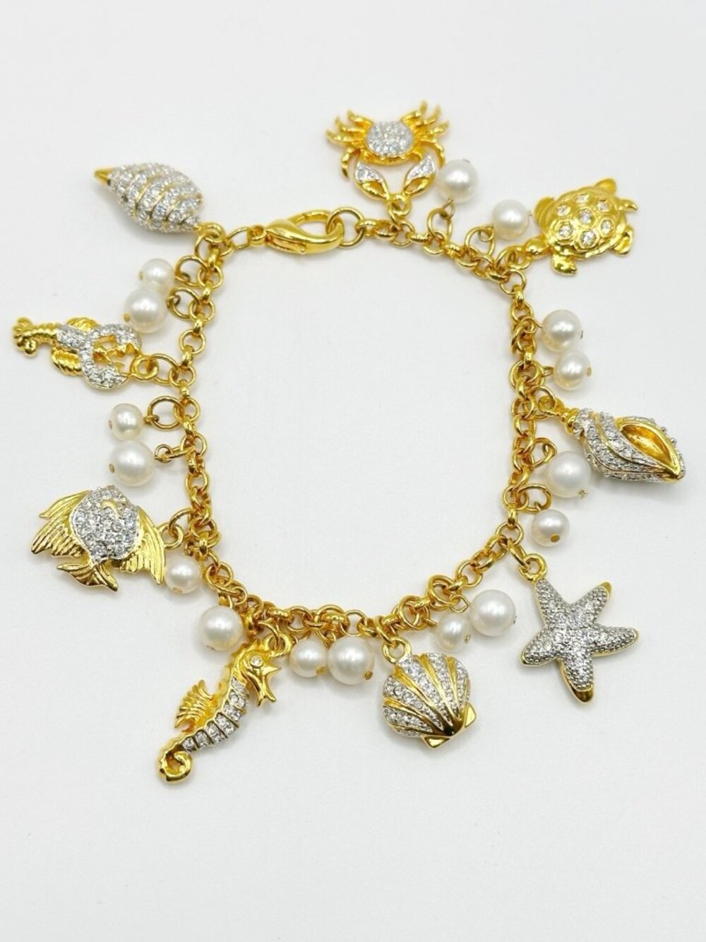 Gold Plated Sea Life Bracelet With Various Charms‎ And Synthetic Pearls 7.5”